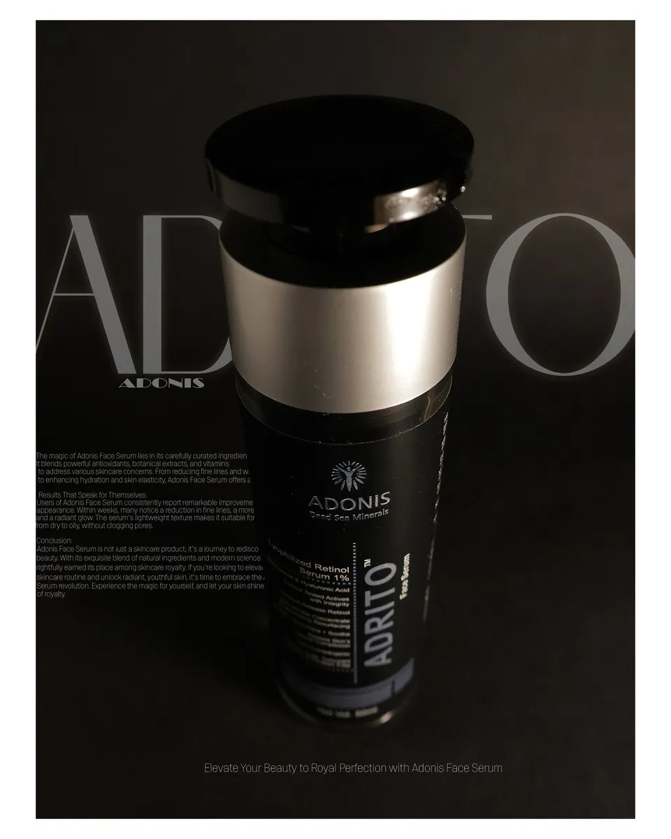 Close crop of the Adonis Adrito serum cap and label with soft reflections