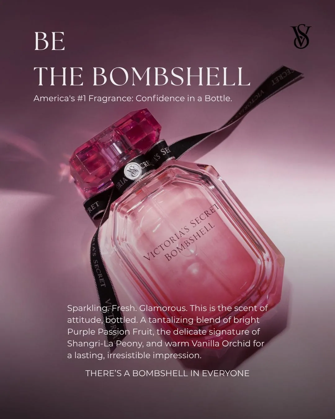 Concept social post: Bombshell perfume bottle wrapped in a black ribbon on pink, headline “Be the Bombshell”