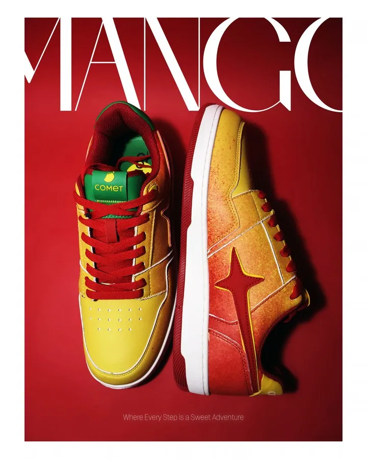 Pair of yellow and red Comet sneakers on a red background under a magazine-style MANGO masthead