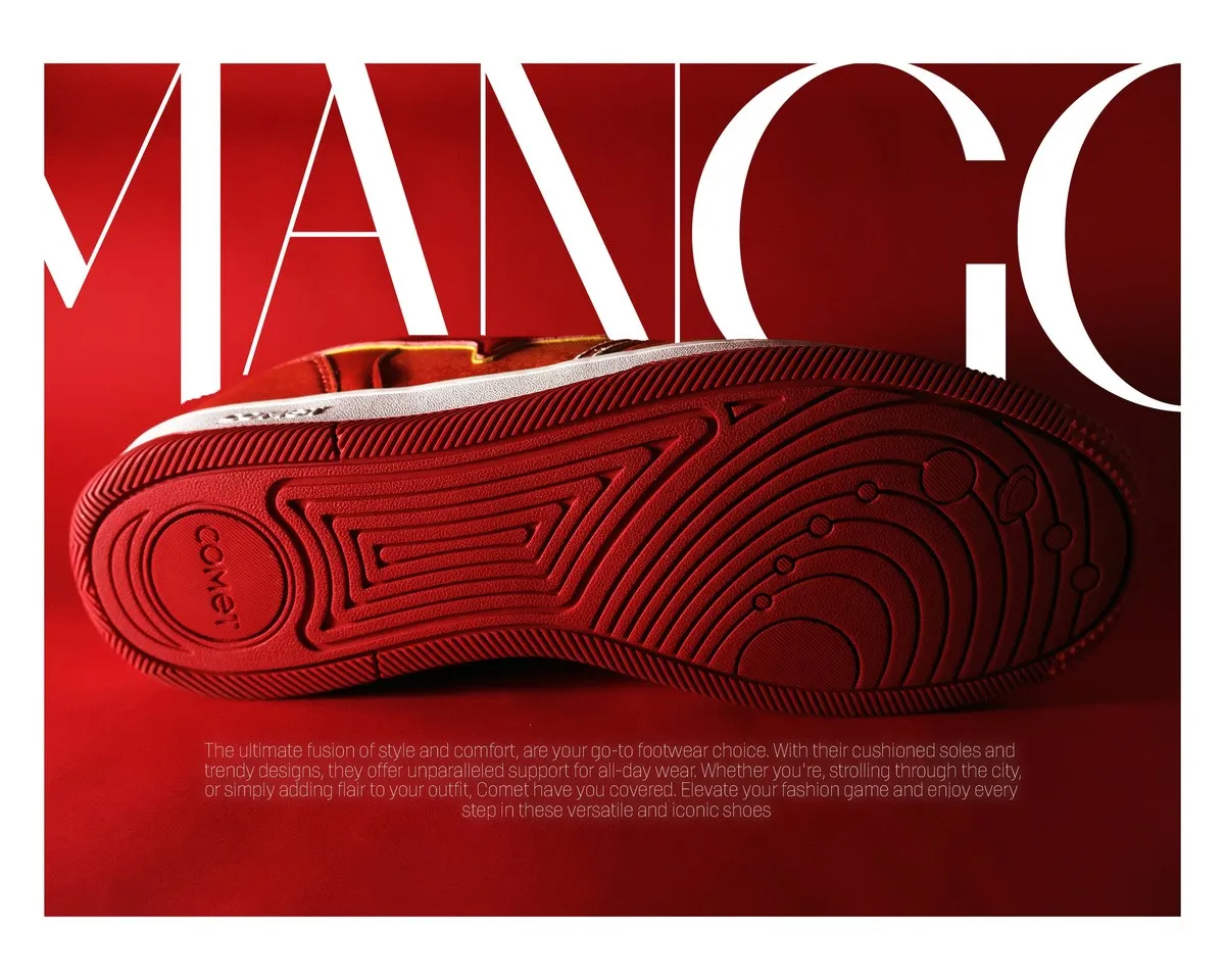 Underside of a red Comet sneaker showing the moulded sole pattern