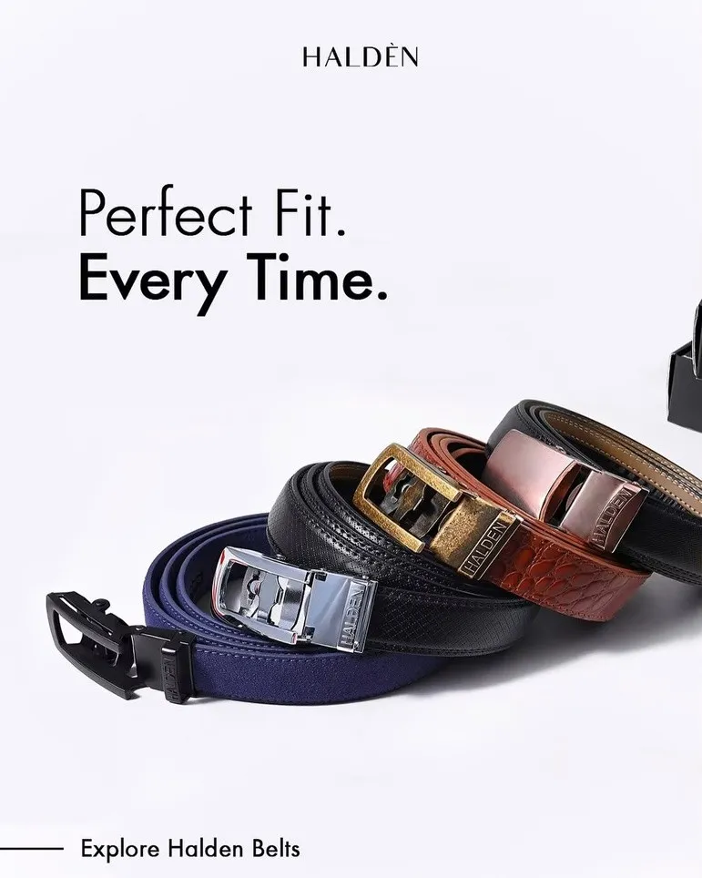 Fanned line-up of Halden leather belts with metal buckles