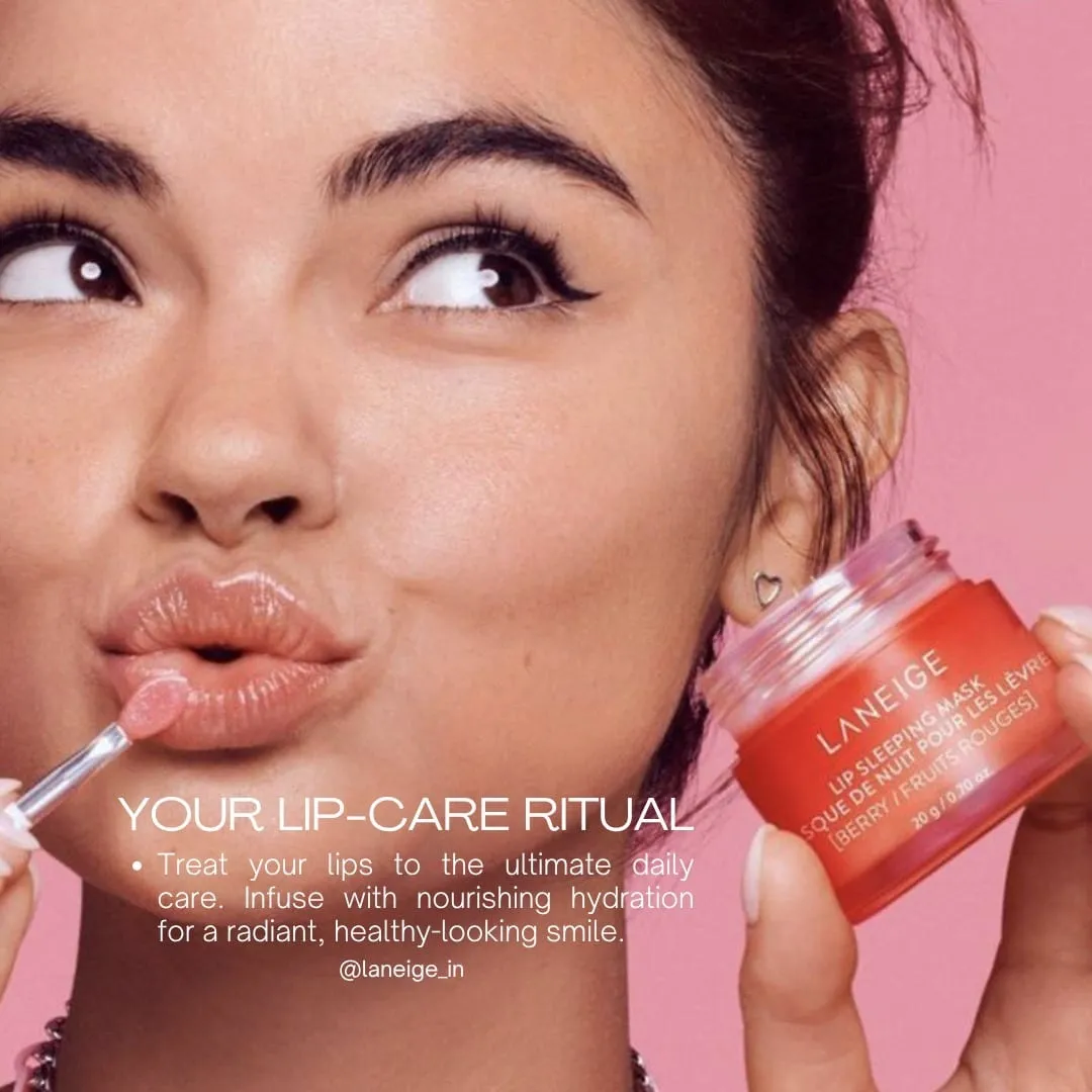 Concept social post: model applying lip mask beside a red Laneige jar, headline “Your lip-care ritual”