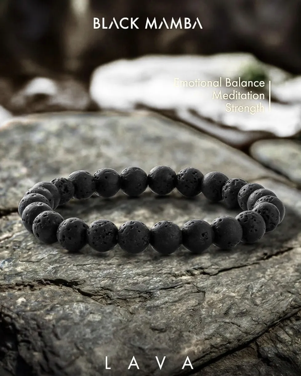 Black Mamba lava bead bracelet on grey rock