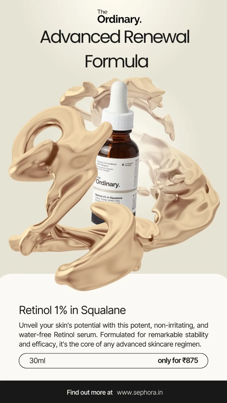 Concept story post: The Ordinary retinol dropper bottle surrounded by a cream-coloured splash