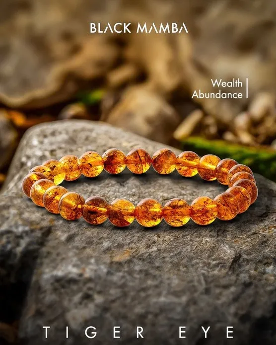 Black Mamba tiger’s eye bead bracelet on warm stone